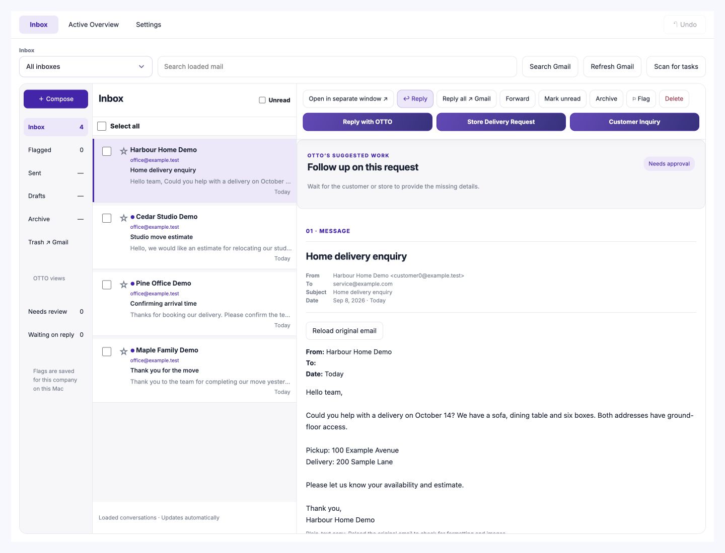 CentralOS Front Desk with four fictional customer emails and a selected home delivery enquiry