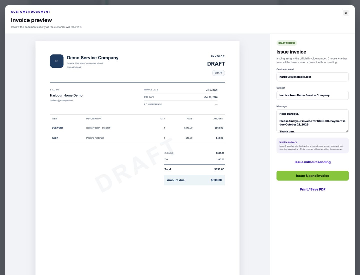 CentralOS invoice preview for Harbour Home Demo with delivery services, packing materials and a $630 total