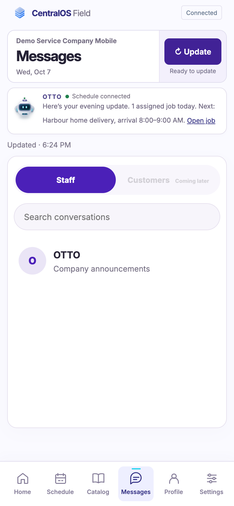 Actual CentralOS office messages workspace with demo records