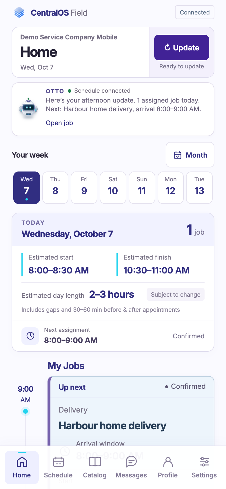 CentralOS mobile Home screen with a fictional assigned delivery