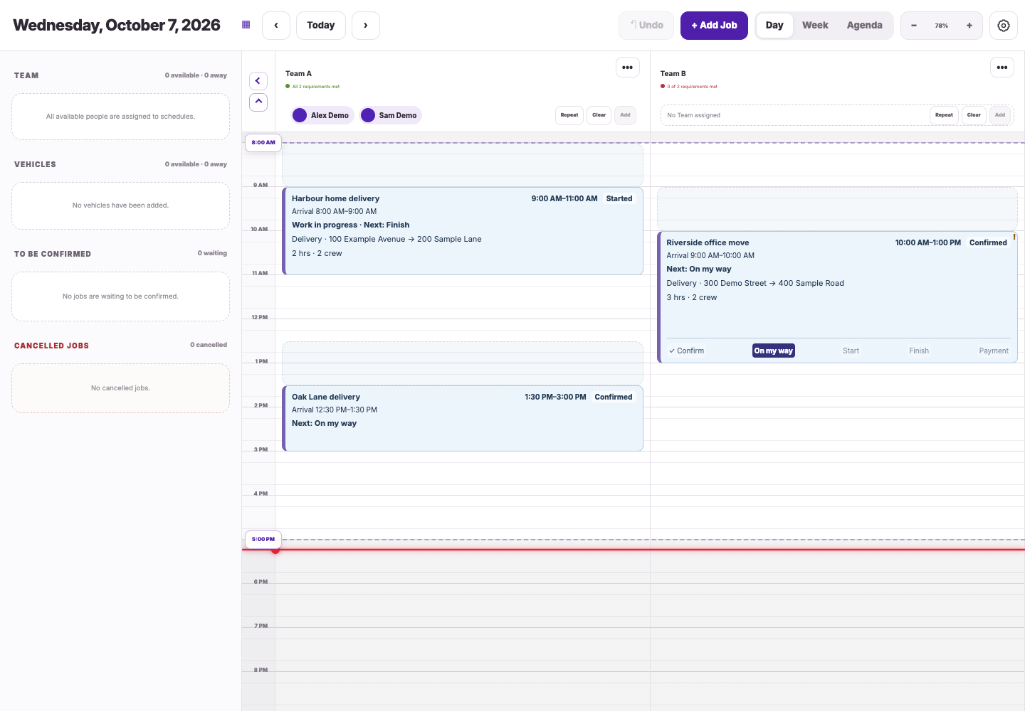 CentralOS day schedule with fictional deliveries, team assignments and job progress